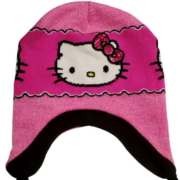 Hello Kitty Earflap Beanie Hat Sanrio Knit Cap Pink Black Cat Kids Girls 4-14 - Picture 4 of 8